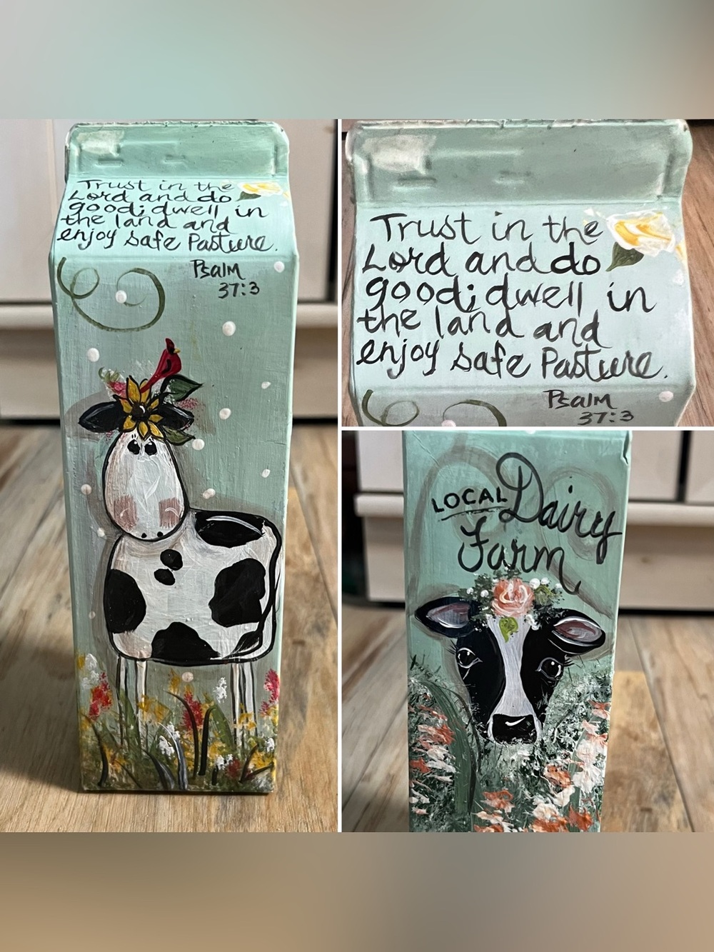 Psalms 37:3 - Cows Hand Painted Milk Carton - 9 X 3.5 *DECOR ONLY-not for food